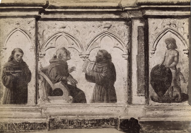 Anonimo — Niccolò di Liberatore (Alunno) - sec. XV - Santi francescani e putto reggistemma — particolare
